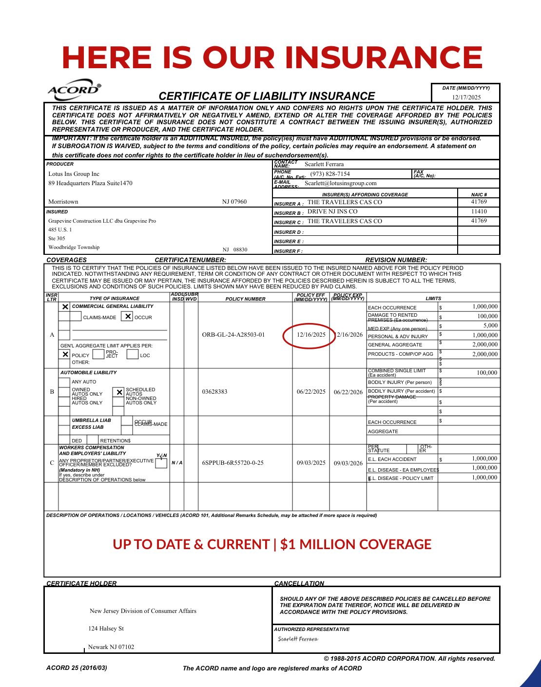 Certificate of liability insurance