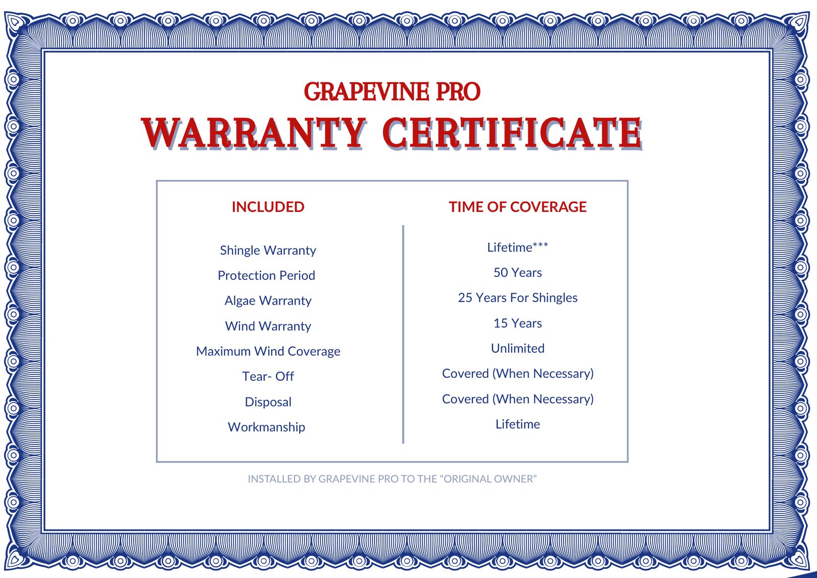Grapevine Pro warranty certificate